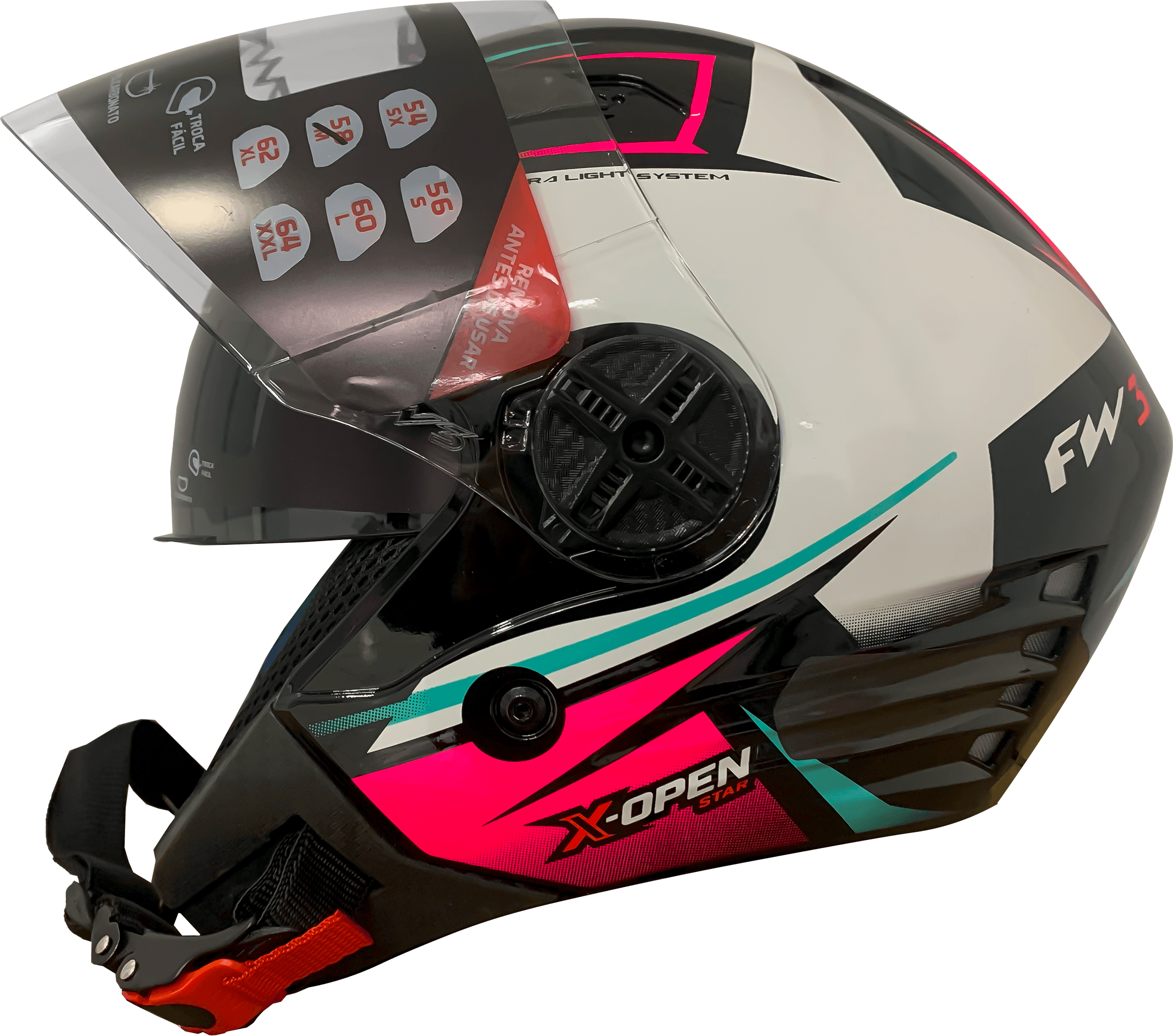 Capacete Moto Aberto FW3 X Open Up Star Azul Tiffany e Rosa com Óculos Interno