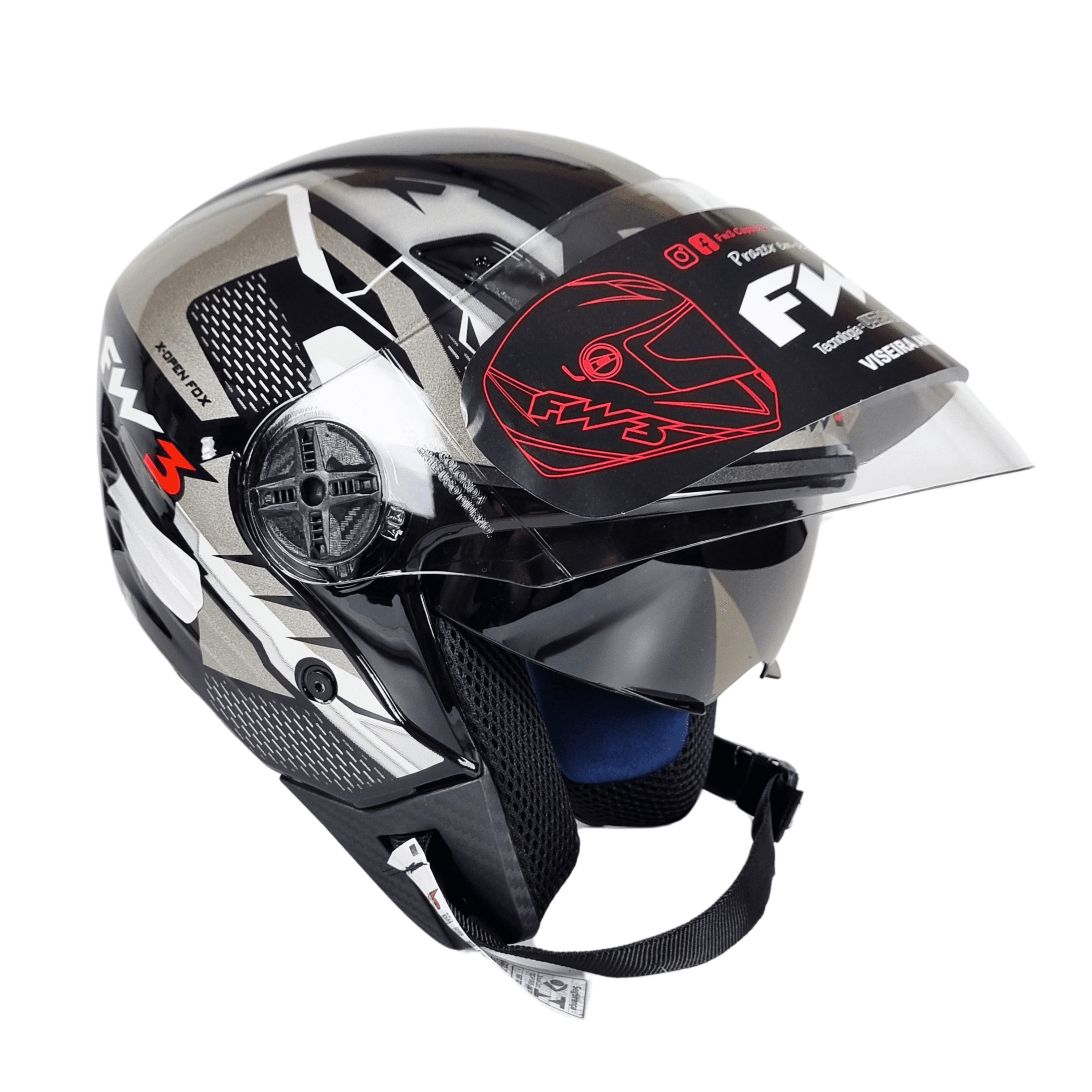 Capacete Moto FW3 X Open Up Fox Grafite Aberto com Óculos Interno