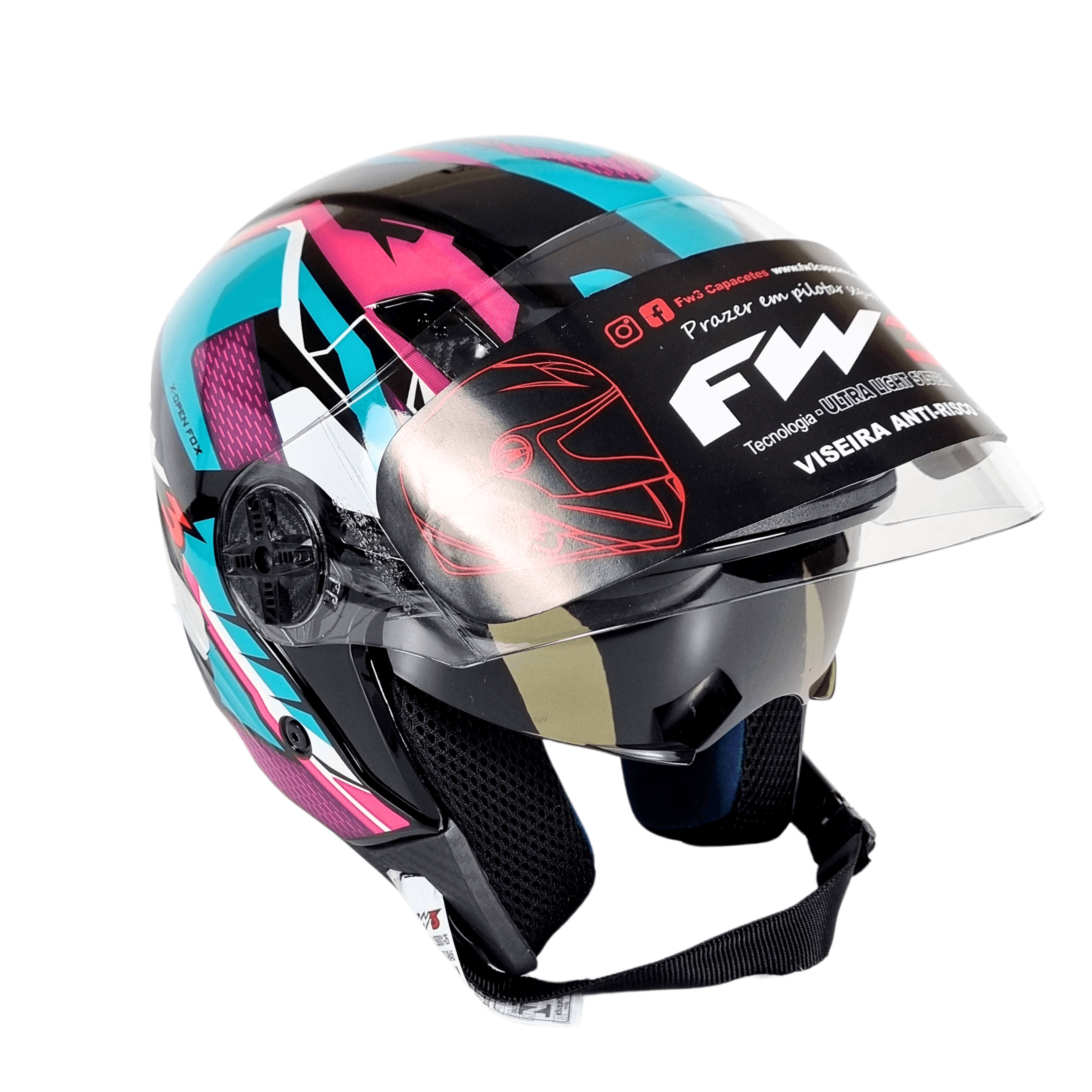 Capacete Moto FW3 X Open Up Fox Azul Tiffany Aberto com Óculos Interno