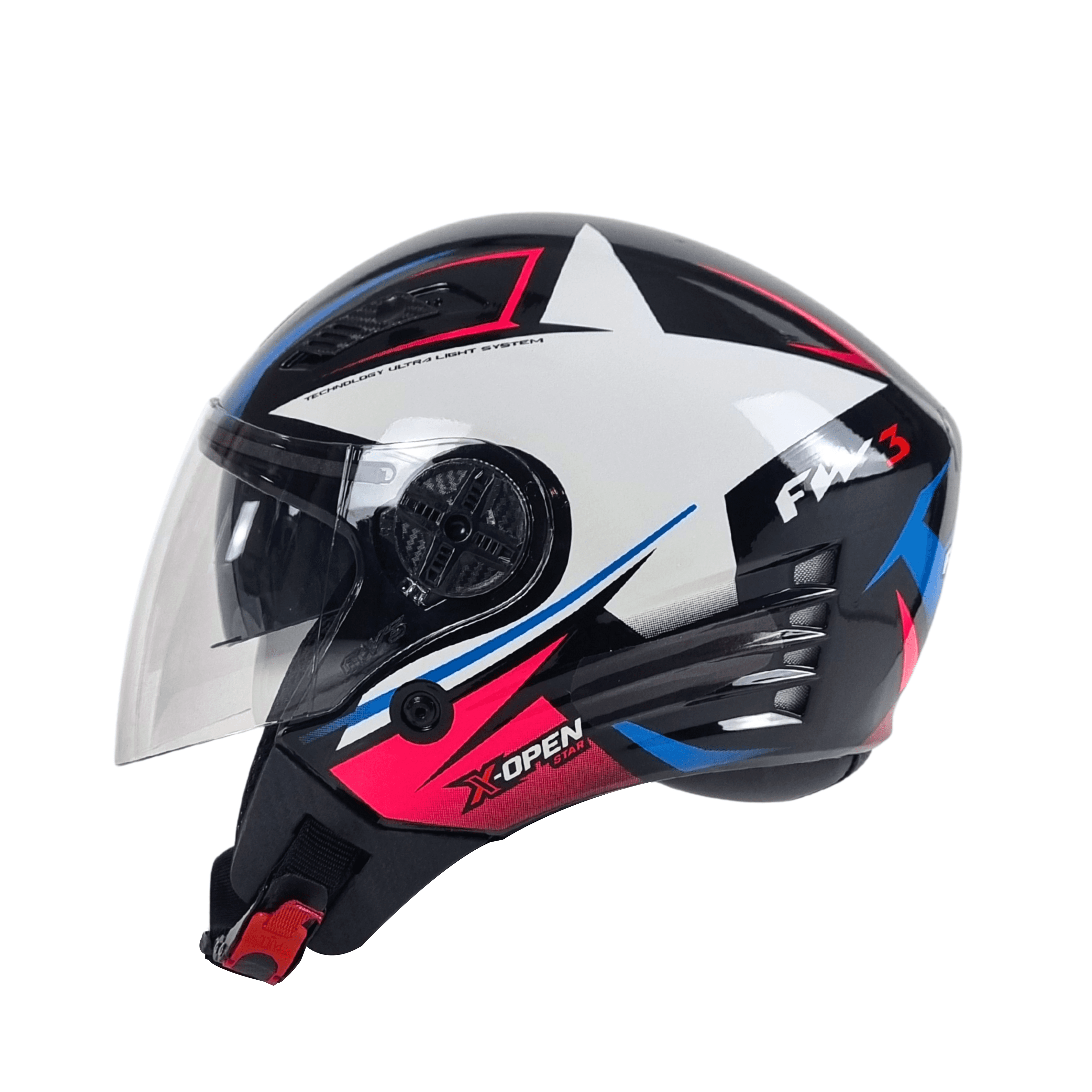 Capacete Moto FW3 X Open Up Star Azul e Rosa Aberto com Óculos Interno