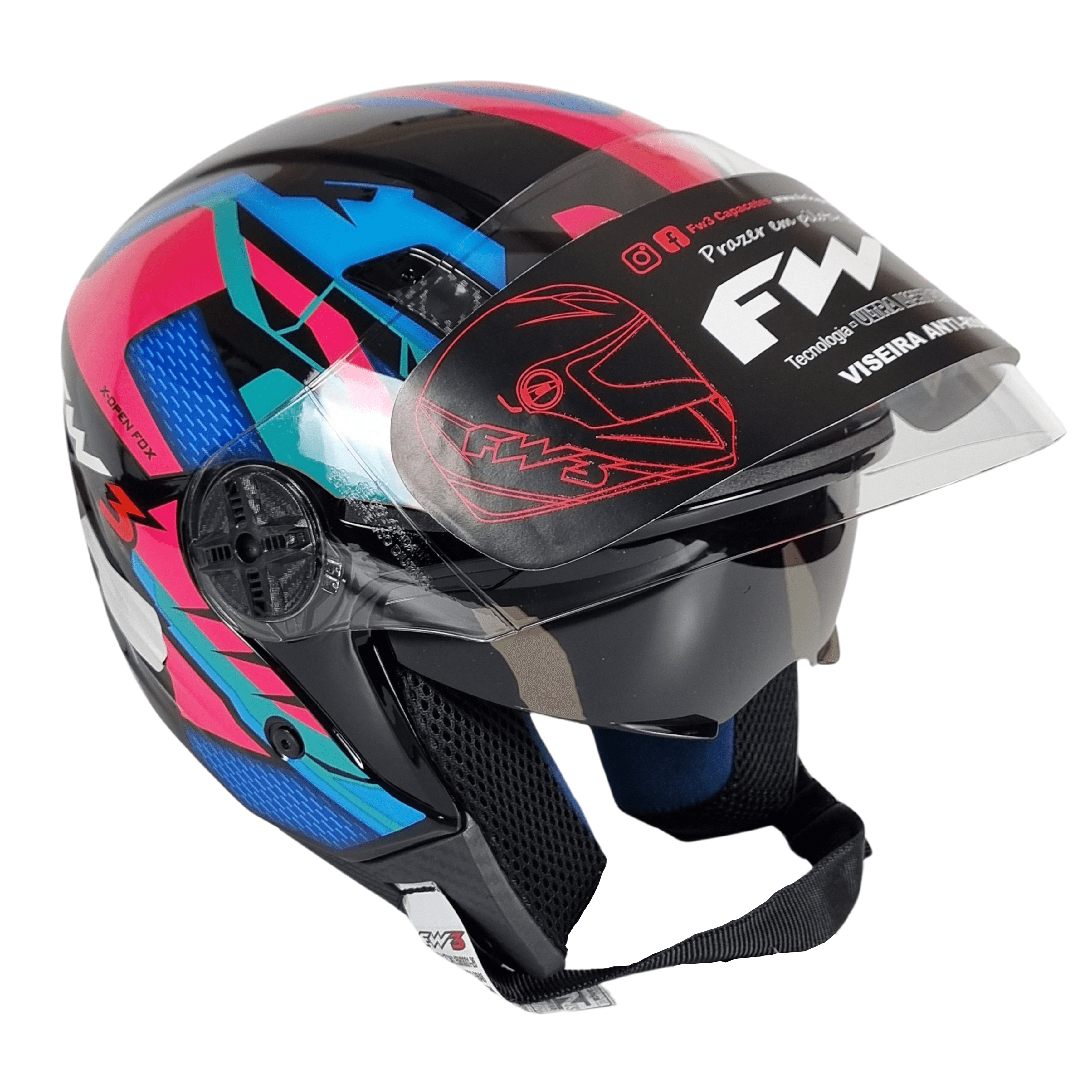 Capacete Moto FW3 X Open Up Fox Rosa e Azul Aberto com Óculos Interno