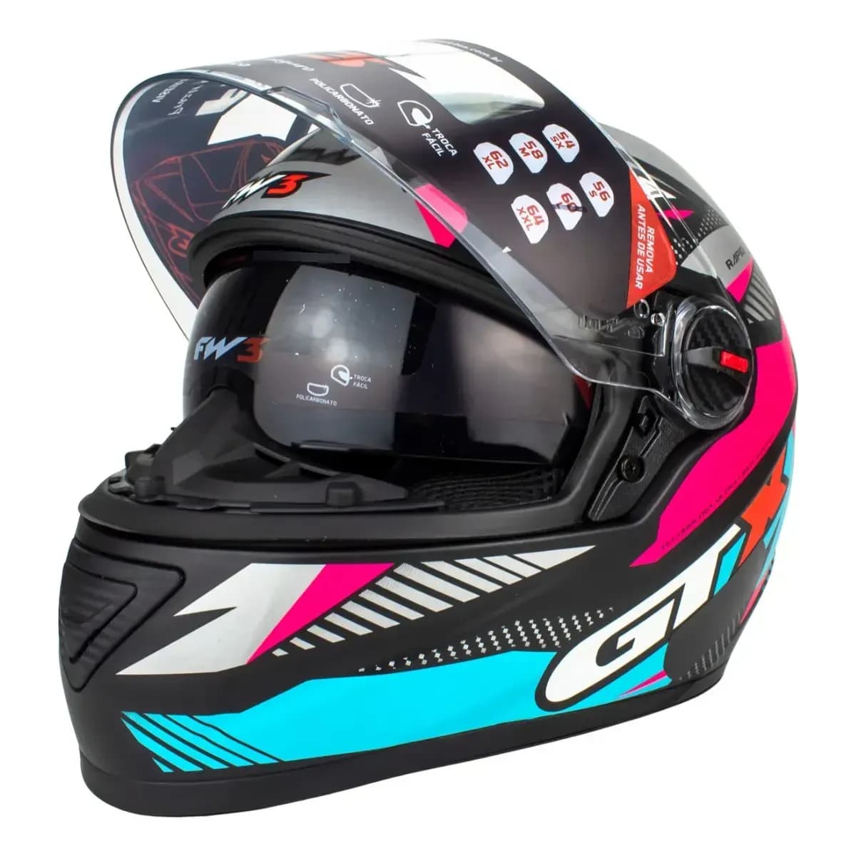 Capacete Moto FW3 GTX Rapid Preto e Rosa Integral Fechado com Óculos Interno