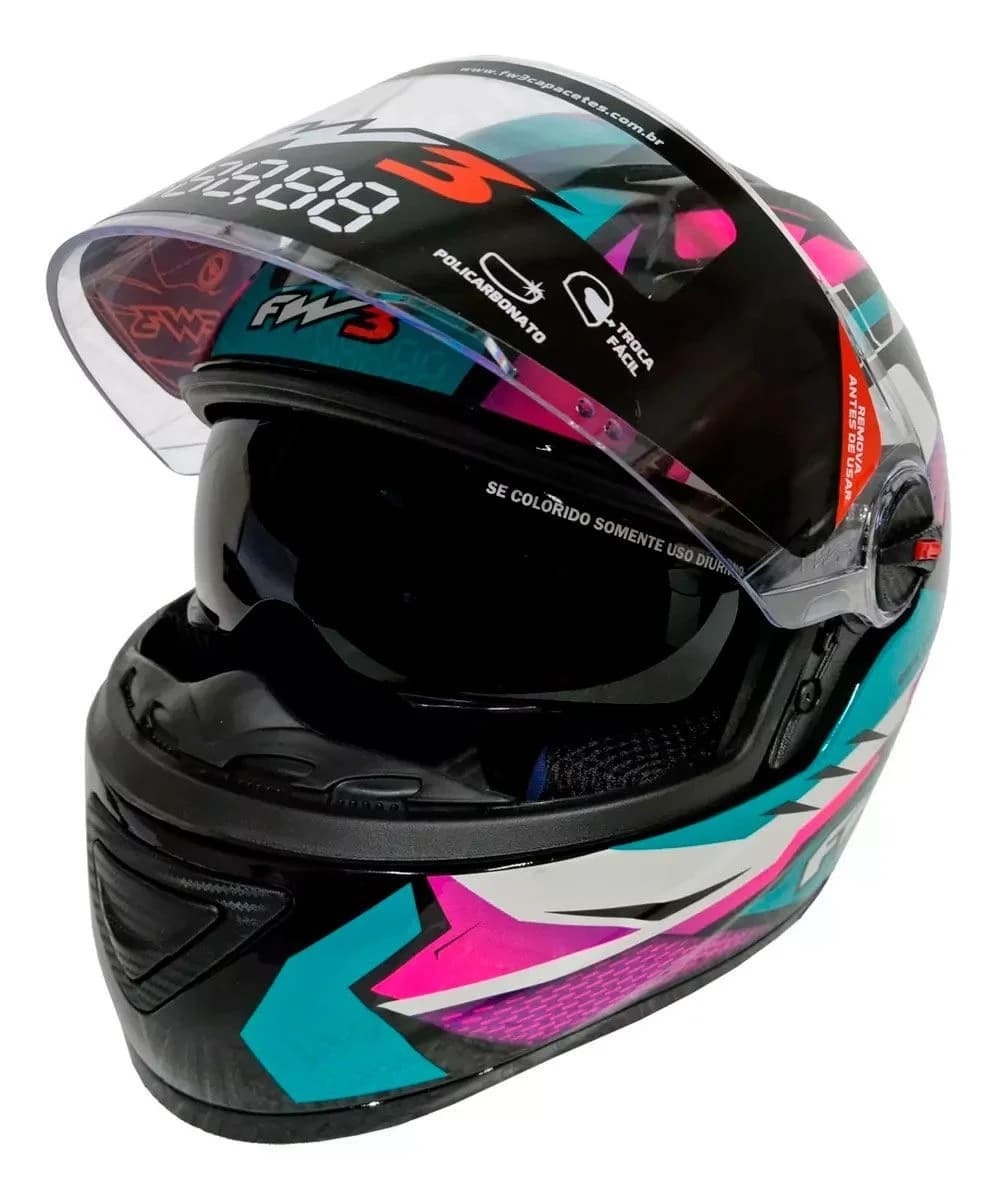 Capacete Moto FW3 GTX Azul Tiffany Integral Fechado com Óculos Interno