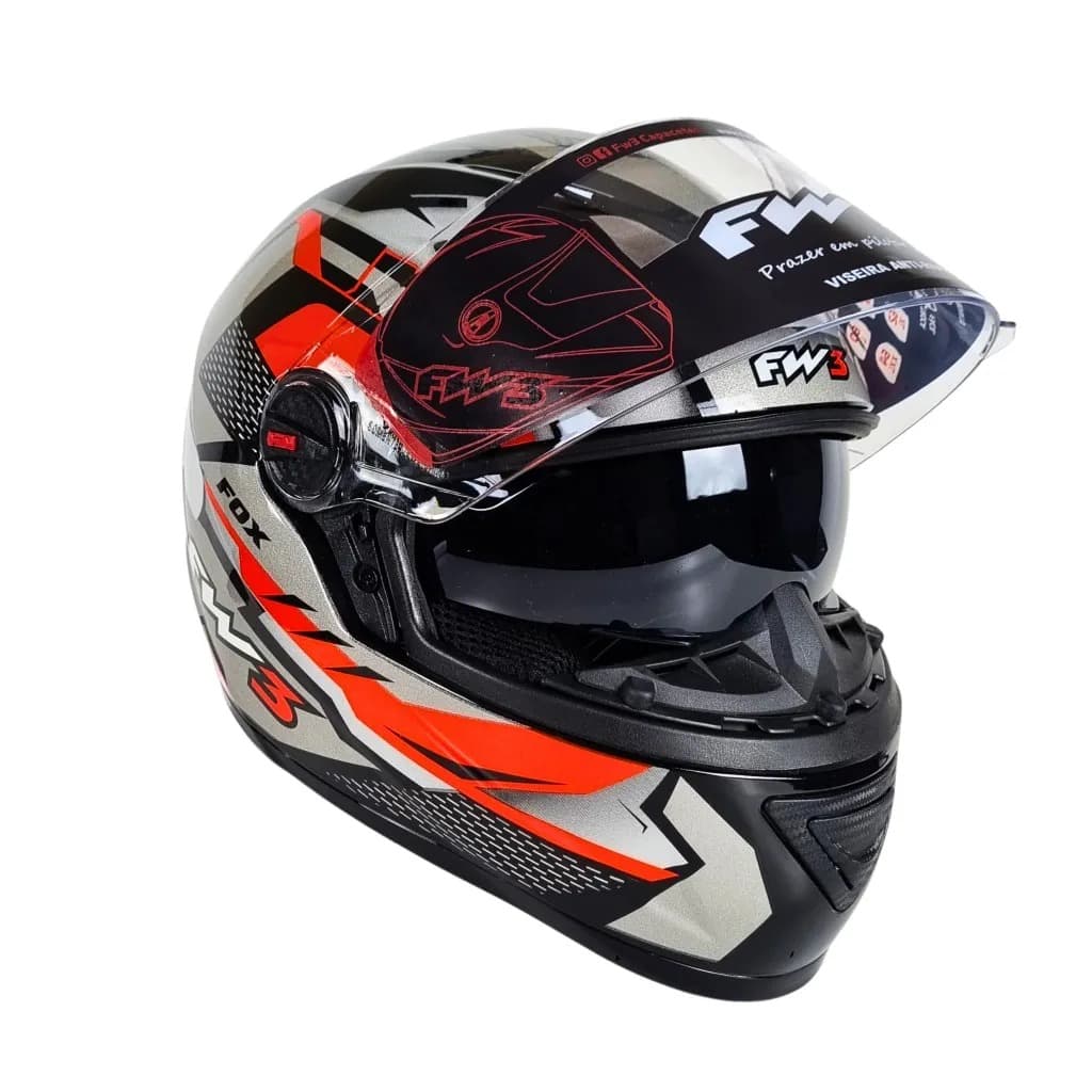 Capacete Moto FW3 GTX Fox Grafite e Vermelho Integral Fechado com Óculos Interno