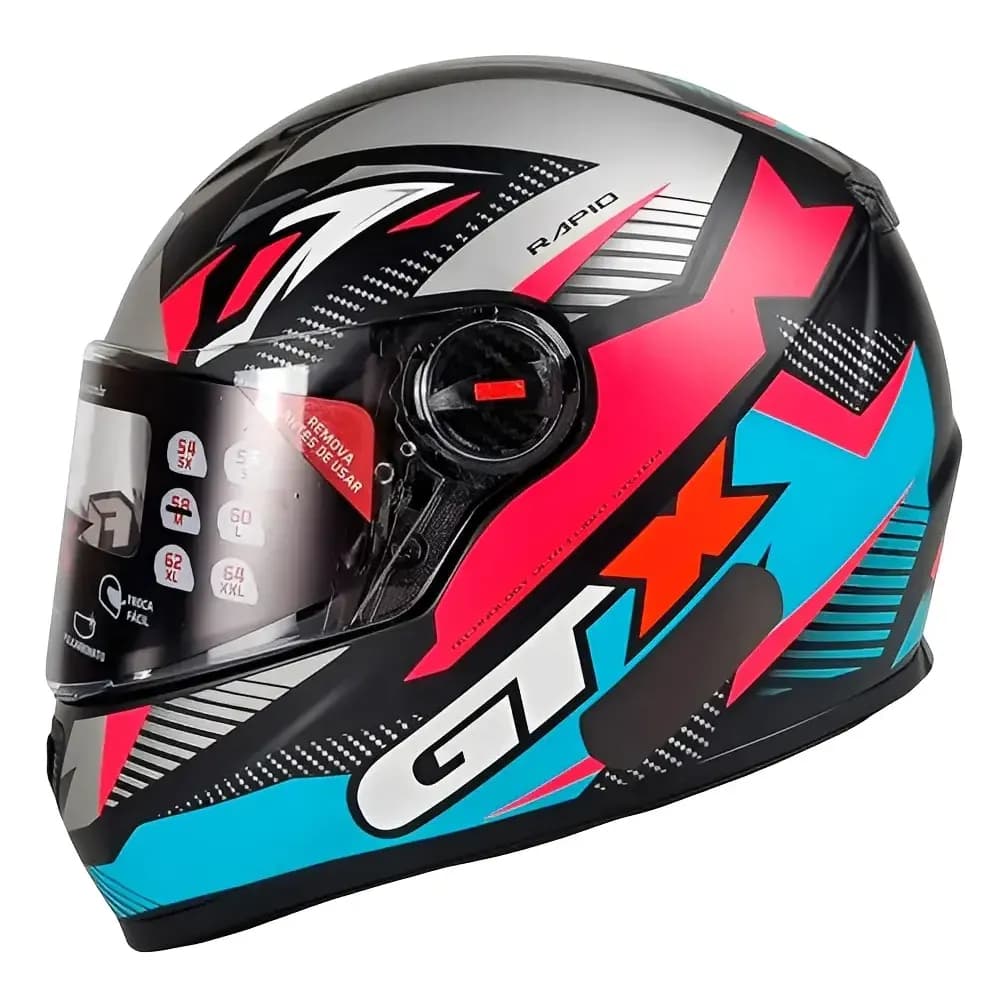Capacete Moto FW3 GTX Rapid Preto Fosco Azul e Rosa com Óculos Interno