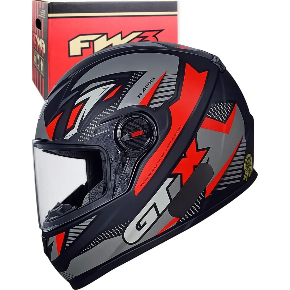 Capacete Moto FW3 GTX Rapid Preto e Vermelho Integral Fechado com Óculos Interno