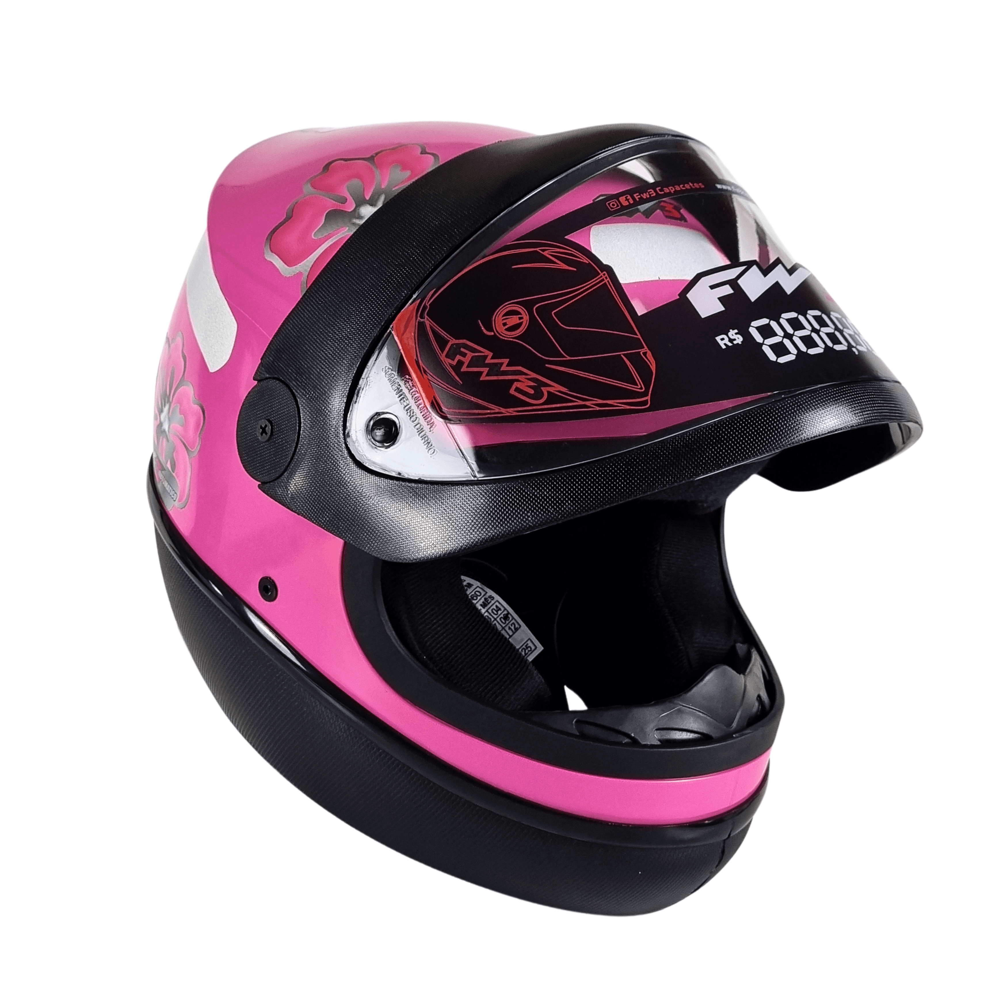 Capacete Moto FW3 Automatic Rosa com Estampa de Flores Integral Fechado