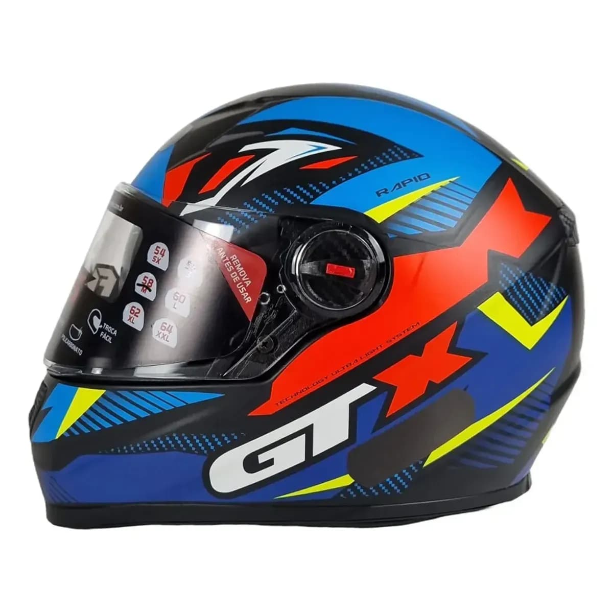 Capacete Moto FW3 GTX Rapid Preto Azul e Amarelo Integral Fechado com Óculos Interno